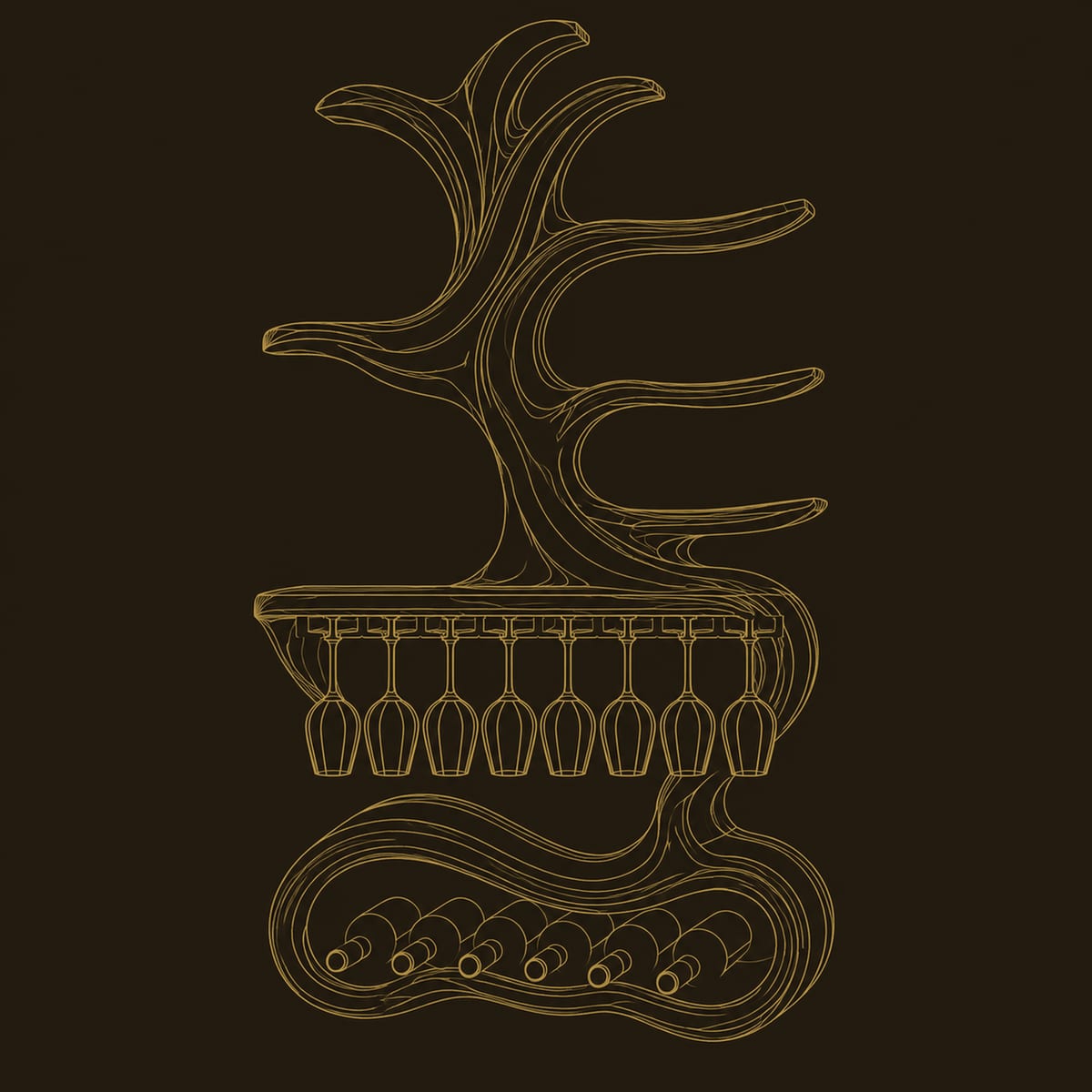 Wine Holder With Sculpted Branch Shelves And Hanging Stemware Rail dimension diagram