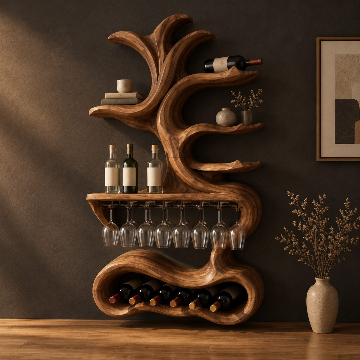 Tall wine holder with branch shaped shelves, a stemware rail and a bottle bay in a dark studio against a charcoal plaster wall