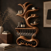 Corner detail of tall wine holder with branch shaped shelves, a stemware rail and a bottle bay beside wood, brass and linen samples