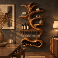 Tall wine holder with branch shaped shelves, a stemware rail and a bottle bay in a dark dining room at golden hour