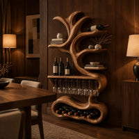 Tall wine holder with branch shaped shelves, a stemware rail and a bottle bay in an evening dining room with walnut wall paneling