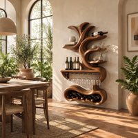 Tall wine holder with branch shaped shelves, a stemware rail and a bottle bay in a bright dining room with arched windows and plants