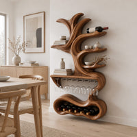 Tall wine holder with branch shaped shelves, a stemware rail and a bottle bay in a Scandinavian dining room with white walls