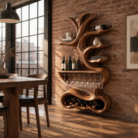 Tall wine holder with branch shaped shelves, a stemware rail and a bottle bay in an industrial loft dining room with exposed brick