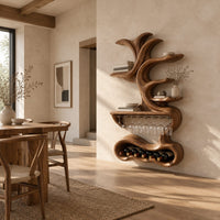 Tall wine holder with branch shaped shelves, a stemware rail and a bottle bay in a bright open plan dining room
