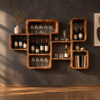 Wine rack made of linked open boxes in a staggered layout in a dark studio against a charcoal plaster wall