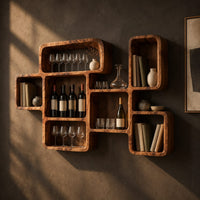 Wine rack made of linked open boxes in a staggered layout, three-quarter view showing the grain