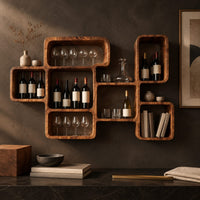 Corner detail of wine rack made of linked open boxes in a staggered layout beside wood, brass and linen samples