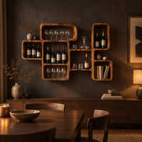Wine rack made of linked open boxes in a staggered layout in a dark dining room at golden hour