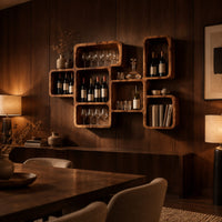 Wine rack made of linked open boxes in a staggered layout in an evening dining room with walnut wall paneling
