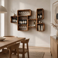 Wine rack made of linked open boxes in a staggered layout in a Scandinavian dining room with white walls
