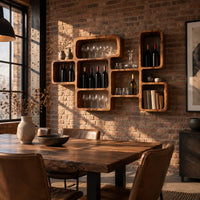 Wine rack made of linked open boxes in a staggered layout in an industrial loft dining room with exposed brick