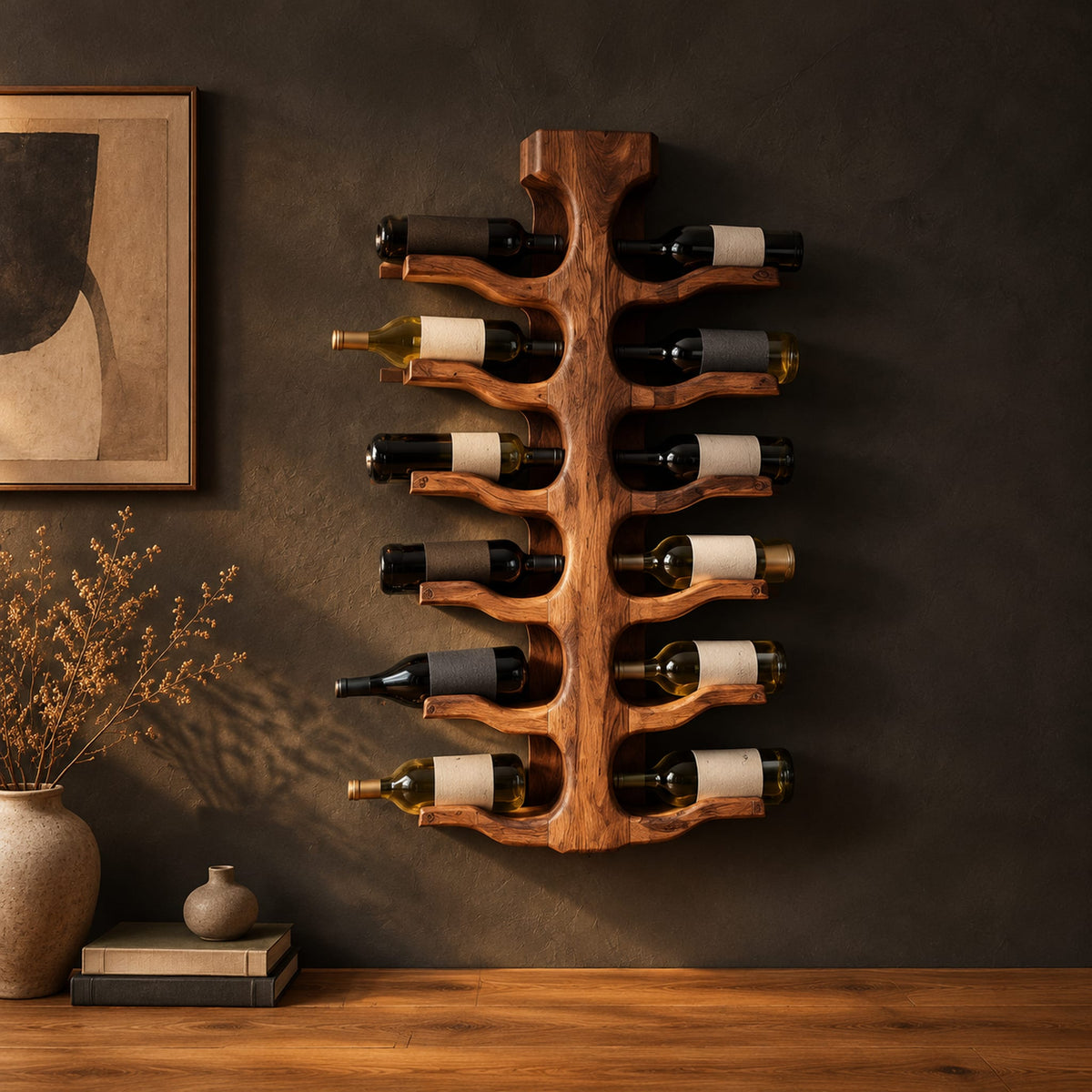 Wine rack with a central trunk and six pairs of branching wooden arms in a dark studio against a charcoal plaster wall