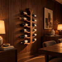 Wine rack with a central trunk and six pairs of branching wooden arms in an evening dining room with walnut wall paneling