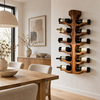 Wine rack with a central trunk and six pairs of branching wooden arms in a Scandinavian dining room with white walls