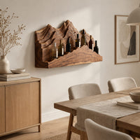 Wine rack with layered carved mountain peaks and a ridge shaped ledge in a Scandinavian dining room with white walls