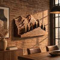 Wine rack with layered carved mountain peaks and a ridge shaped ledge in an industrial loft dining room with exposed brick
