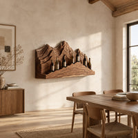 Wine rack with layered carved mountain peaks and a ridge shaped ledge in a bright open plan dining room