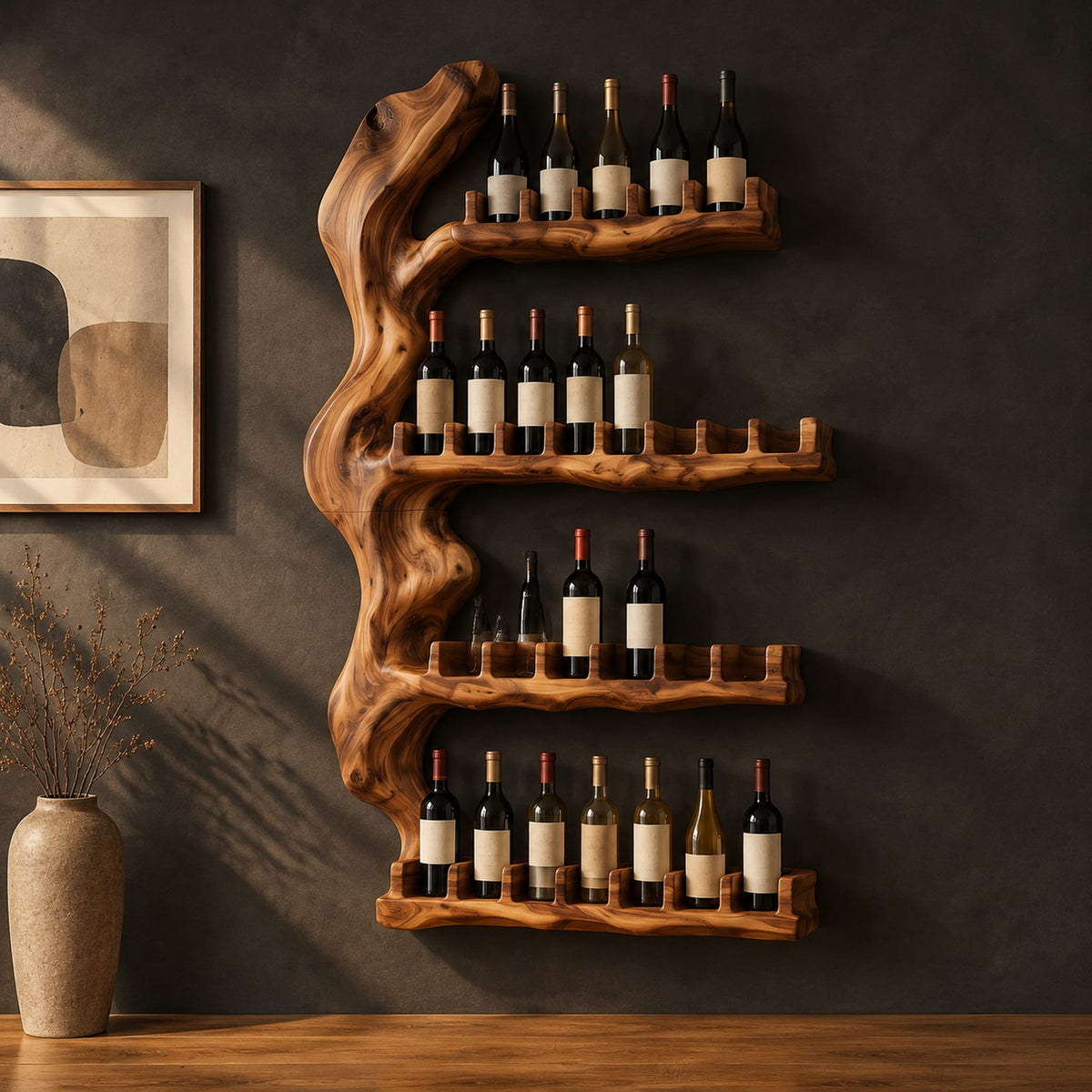 Tall wine rack with a gnarled trunk backbone and four notched shelves in a dark studio against a charcoal plaster wall