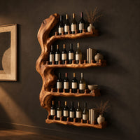 Tall wine rack with a gnarled trunk backbone and four notched shelves, three-quarter view showing the grain
