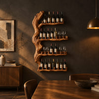 Tall wine rack with a gnarled trunk backbone and four notched shelves in a dark dining room at golden hour