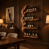 Tall wine rack with a gnarled trunk backbone and four notched shelves in an evening dining room with walnut wall paneling