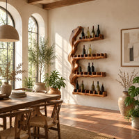 Tall wine rack with a gnarled trunk backbone and four notched shelves in a bright dining room with arched windows and plants