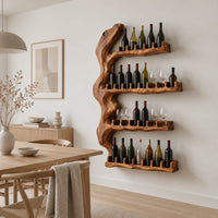 Tall wine rack with a gnarled trunk backbone and four notched shelves in a Scandinavian dining room with white walls