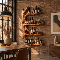 Tall wine rack with a gnarled trunk backbone and four notched shelves in an industrial loft dining room with exposed brick