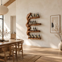 Tall wine rack with a gnarled trunk backbone and four notched shelves in a bright open plan dining room