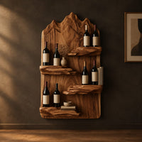 Wine rack with a mountain ridge slab back and four staggered ledges in a dark studio against a charcoal plaster wall