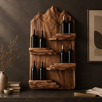Corner detail of wine rack with a mountain ridge slab back and four staggered ledges beside wood, brass and linen samples