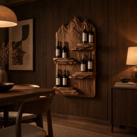 Wine rack with a mountain ridge slab back and four staggered ledges in an evening dining room with walnut wall paneling