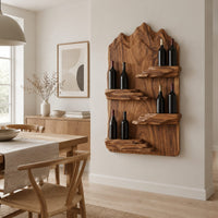 Wine rack with a mountain ridge slab back and four staggered ledges in a Scandinavian dining room with white walls