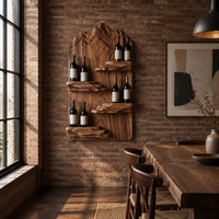 Wine rack with a mountain ridge slab back and four staggered ledges in an industrial loft dining room with exposed brick