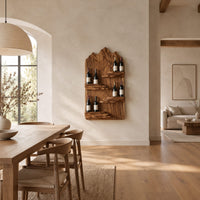 Wine rack with a mountain ridge slab back and four staggered ledges in a bright open plan dining room