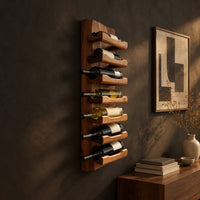 Tall wine rack with stacked angled cradle arms on a slab backboard, three-quarter view showing the grain
