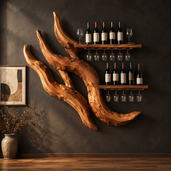 Wine Rack With Sweeping Branch Limbs And Two Stemware Shelves