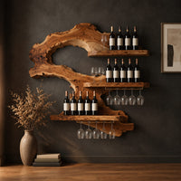 Wall wine rack with a swooping slab body, three ledges and stemware rails in a dark studio against a charcoal plaster wall