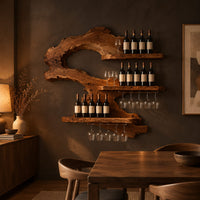 Wall wine rack with a swooping slab body, three ledges and stemware rails in a dark dining room at golden hour