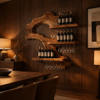 Wall wine rack with a swooping slab body, three ledges and stemware rails in an evening dining room with walnut wall paneling
