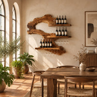 Wall wine rack with a swooping slab body, three ledges and stemware rails in a bright dining room with arched windows and plants