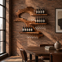 Wall wine rack with a swooping slab body, three ledges and stemware rails in an industrial loft dining room with exposed brick