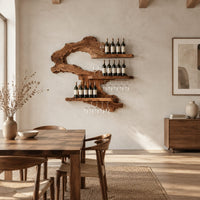 Wall wine rack with a swooping slab body, three ledges and stemware rails in a bright open plan dining room