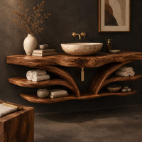 Corner detail of wood bathroom vanity with a wavy edged top and winged arms over open shelves beside wood, brass and linen samples