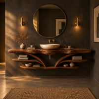 Wood bathroom vanity with a wavy edged top and winged arms over open shelves in a dark bathroom at golden hour