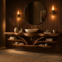 Wood bathroom vanity with a wavy edged top and winged arms over open shelves in an evening bathroom with walnut wall paneling
