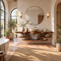 Wood bathroom vanity with a wavy edged top and winged arms over open shelves in a bright bathroom with arched windows and plants