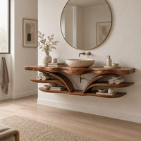 Wood bathroom vanity with a wavy edged top and winged arms over open shelves in a Scandinavian bathroom with white walls