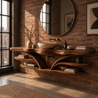 Wood bathroom vanity with a wavy edged top and winged arms over open shelves in an industrial loft bathroom with exposed brick